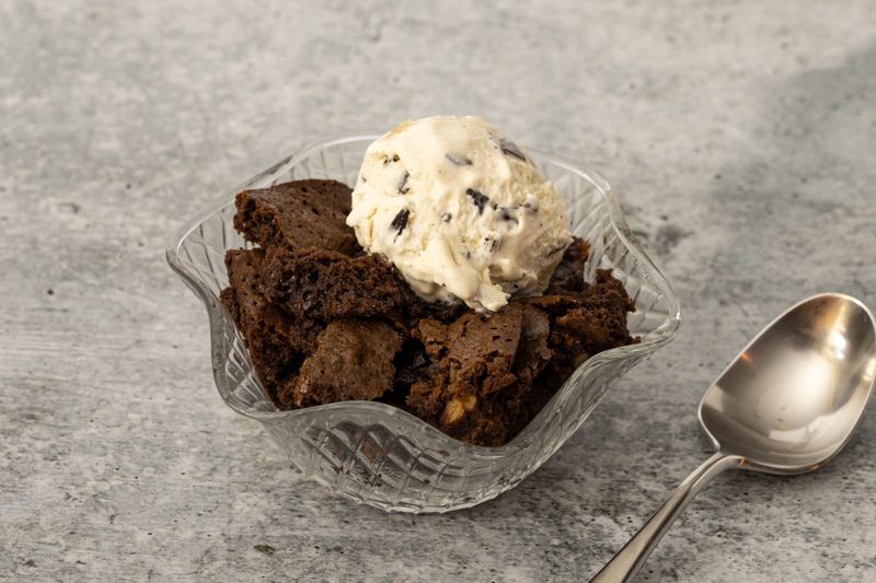 dessert bowl with hot fudge cake and chocolate chip ice cream