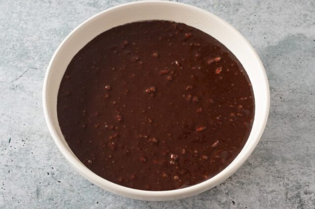 Fudge cake prep: batter in the pan.