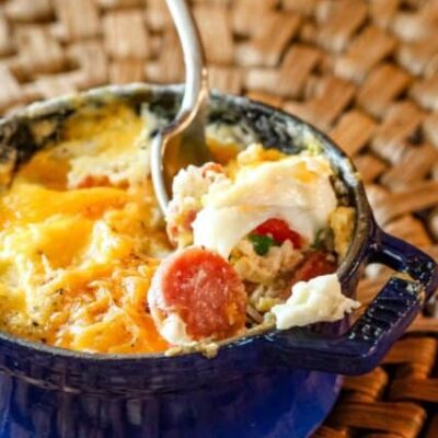 breakfast casserole with eggs and sausage in a mini cocotte