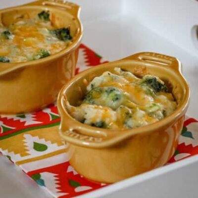 broccoli, rice, and cheese casseroles baked in mini cocottes