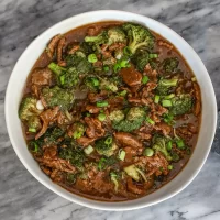 Crispy broccoli and shredded beef in savory sauce.