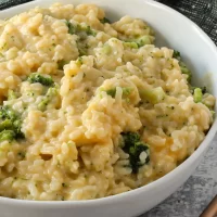 Creamy broccoli and rice casserole with cheese.