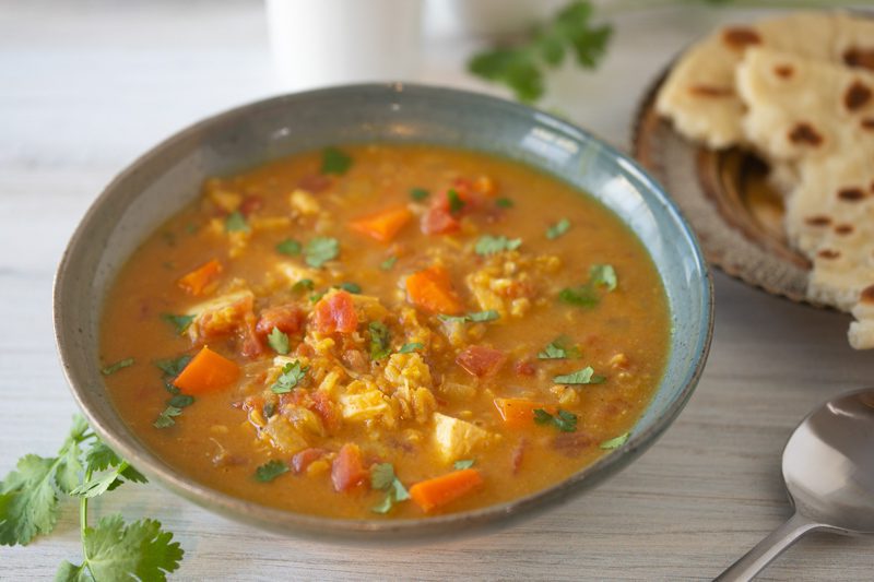 flavorful curry-scented mulligatawny soup with freshly baked naan bread
