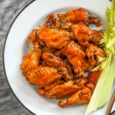Crispy buffalo chicken wings with celery sticks and greens.