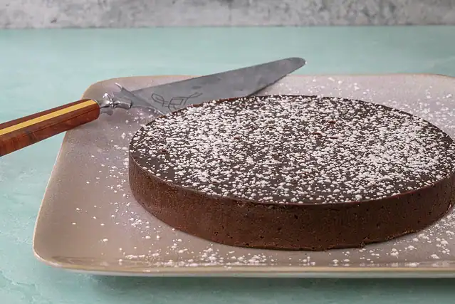 Instant Pot chocolate truffle cake topped with confectioners; sugar.