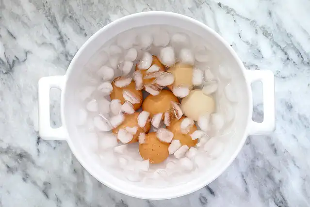 A large bowl of ice for Instant Pot hard boiled eggs.