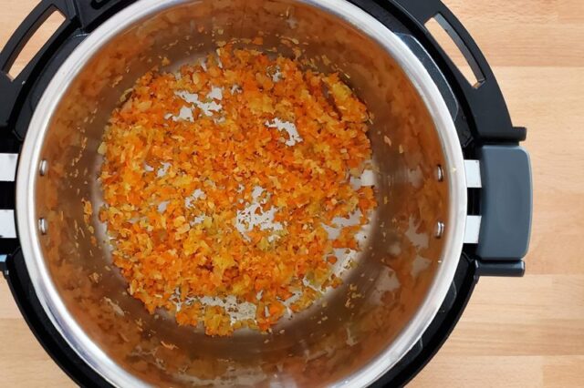 Instant Pot French lentils prep: sautéing the mirepoix 