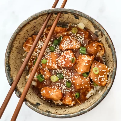 Fried chicken pieces topped with sesame seeds and chopped green onions in a bowl.