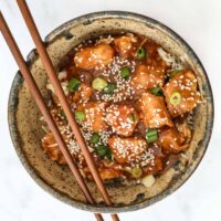 A bowl with General Tso's chicken, a Chinese take-out favorite.