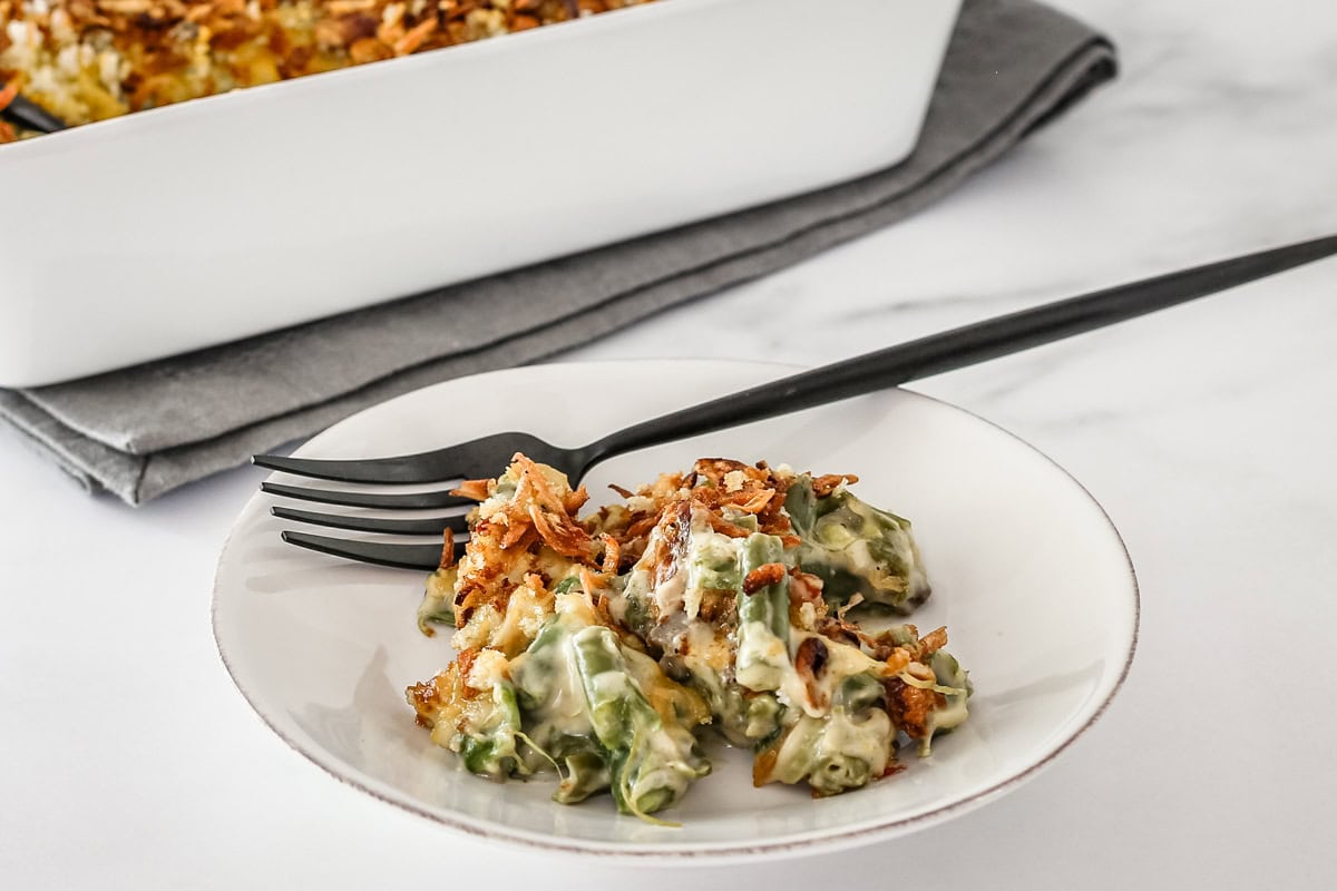 A serving of green bean casserole that was cooked in the Instant Pot pressure cookier.