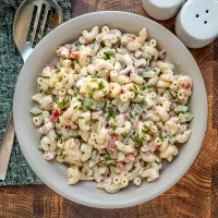 Creamy macaroni pasta salad with vegetables and herbs.