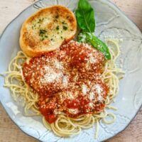 Pressure-cooked meatballs and sauce finished with pasta.
