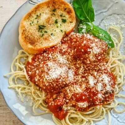 Meatballs and sauce cooked in the Instant Pot, on pasta.