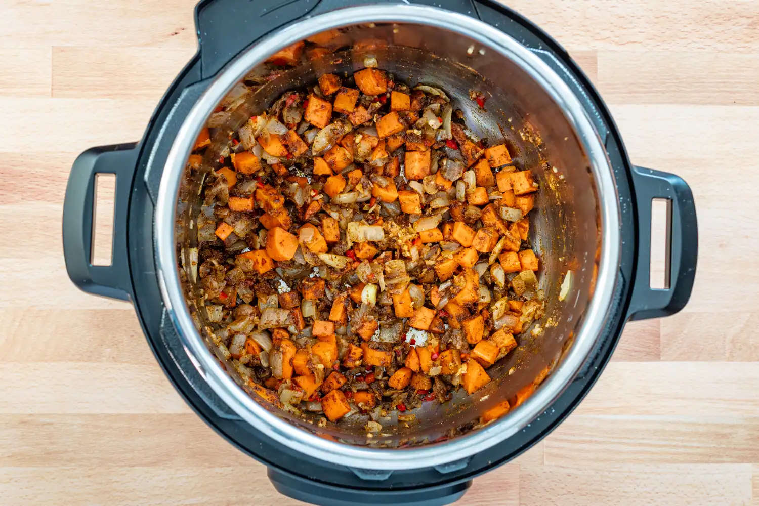 Aromatics cooking for Instant Pot Mulligatawny soup.