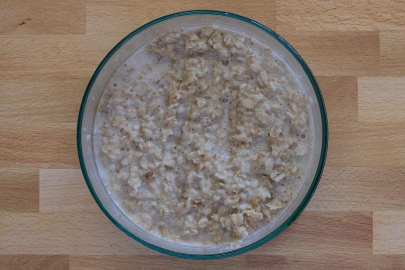 pressure cooked oatmeal in the Pyrex bowl.