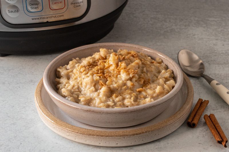 instant pot oartmeal in a bowl with maple flakes