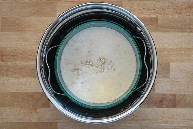 Oats are combined with water, milk, and a bit of salt.