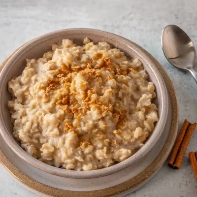 Creamy oatmeal topped with a sprinkle of cinnamon crumbs.
