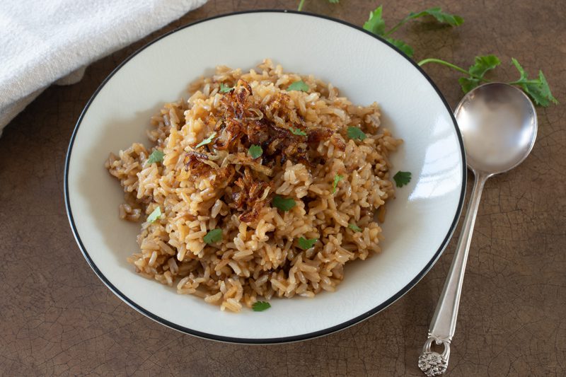 instant pot parsi rice made with brown rice and caramelized onions