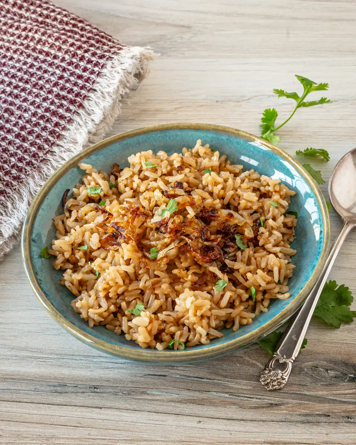 Golden fried rice topped with crispy onions and fresh herbs.