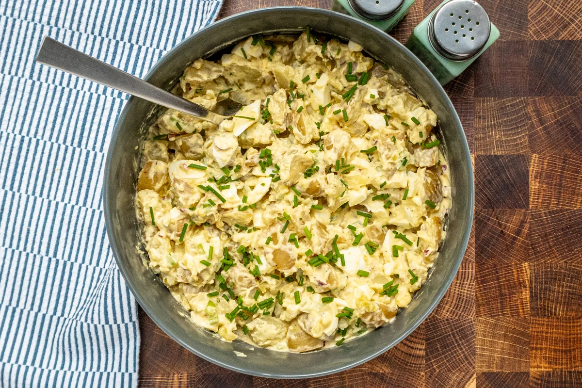 Instant Pot potato salad in a serving dish, ready to enjoy.