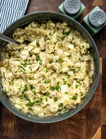Instant Pot potato salad in a serving dish, ready to enjoy.