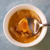 Smooth, brown stew with chunks of ingredients in a white bowl.