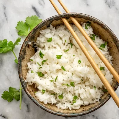 Steamed white rice garnished with fresh herbs in a rustic bowl.