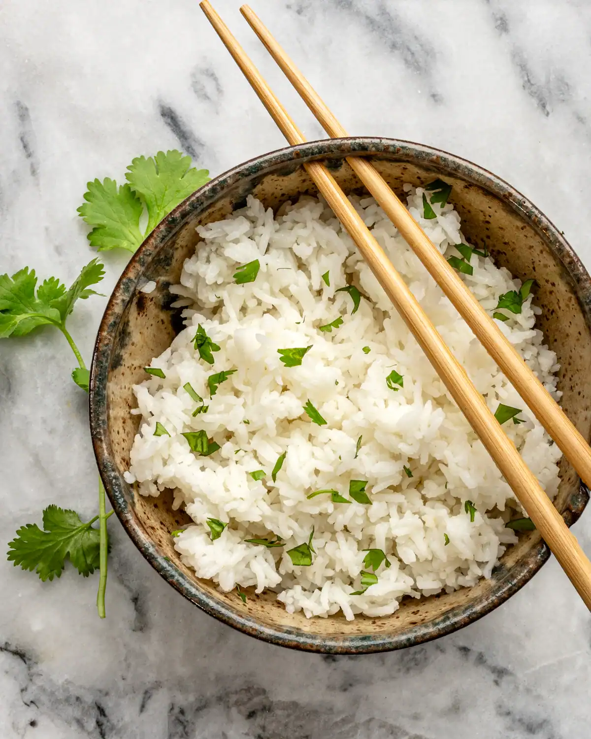 Steamed white rice garnished with fresh herbs in a rustic bowl.