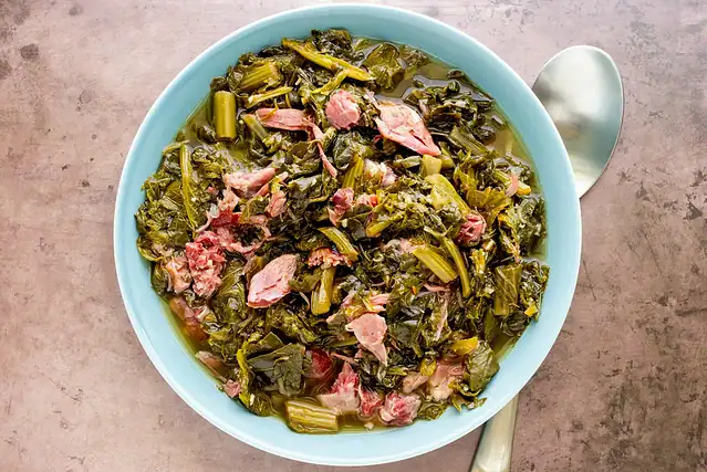 Instant Pot Southern greens in a serving bowl.