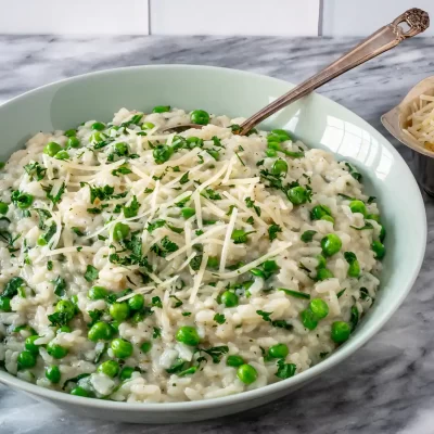 Creamy risotto with green peas and grated cheese.
