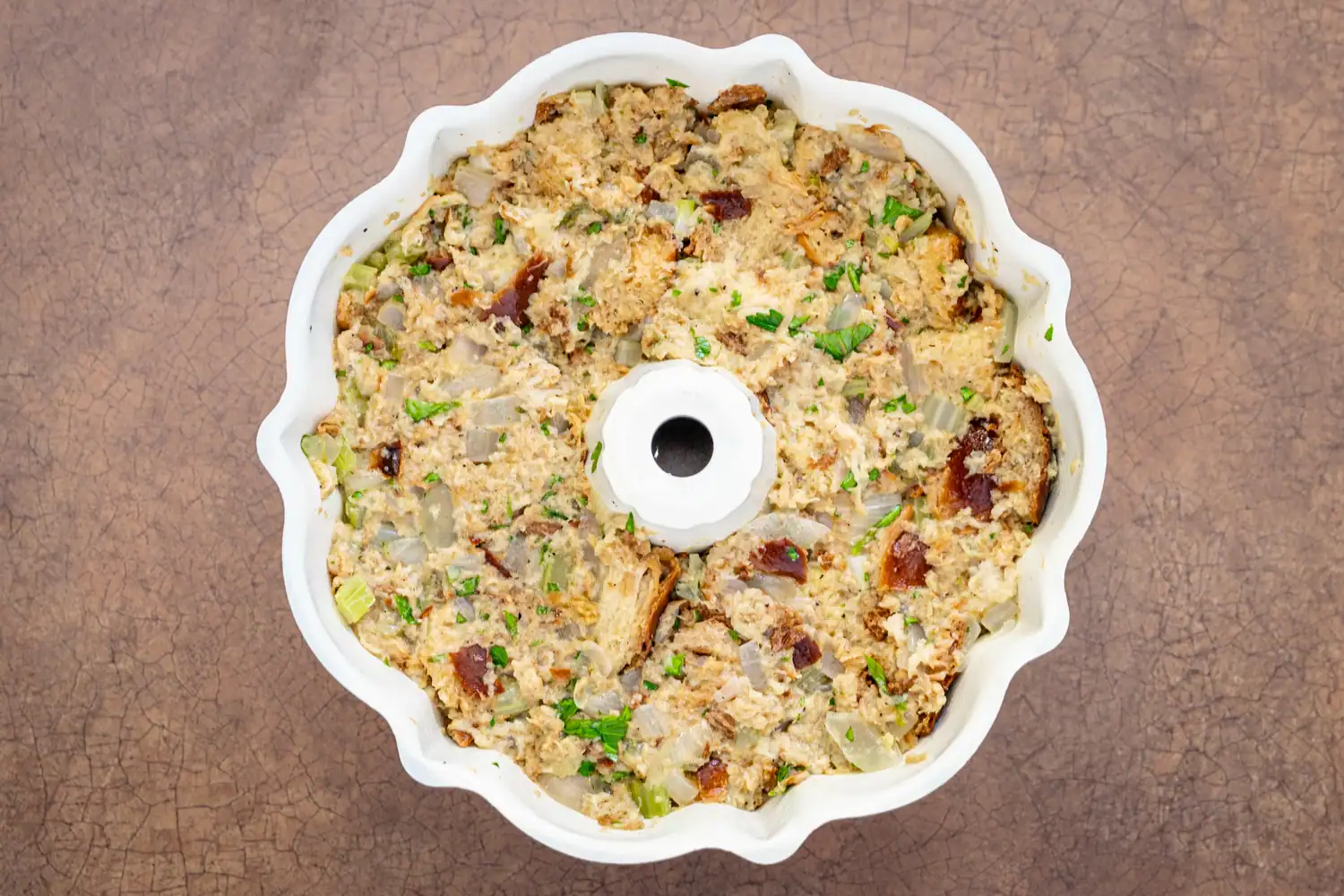 Stuffing mixture is in the pan and ready to cook in the Instant Pot.