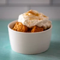 Homemade spice cake chunks topped with whipped cream and a dusting of cinnamon.