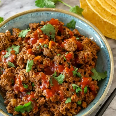 Ground beef chili in a blue bowl with cilantro garnishes and chili sauce.
