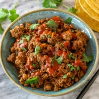 Ground beef taco filling topped with cilantro and hot sauce.