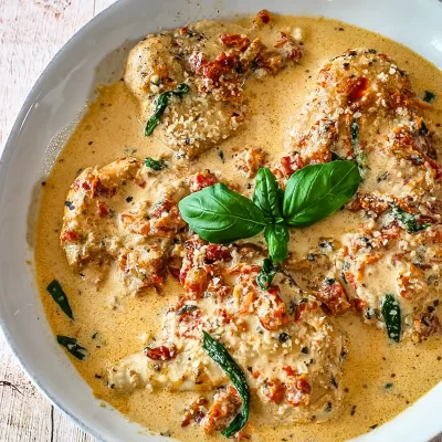 Creamy chicken in a flavorful sauce with basil garnish on a white dish.