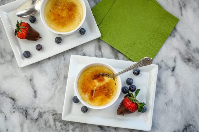 dessert plates with instant pot creme brulee and berries