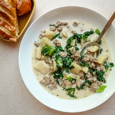 Savory ground meat potato and kale soup in a white bowl on a textured surface.