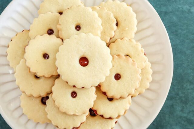 closeup of jammie dodger cookies on a plate