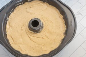 Kentucky butter cake batter in the bundt pan.
