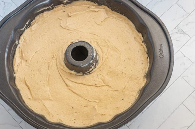 Kentucky butter cake batter in the bundt pan.