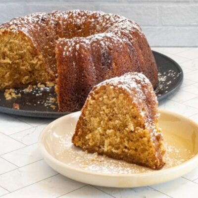 A slice of Kentucky butter cake, a brown sugar cake baked in a Bundt cake pan.