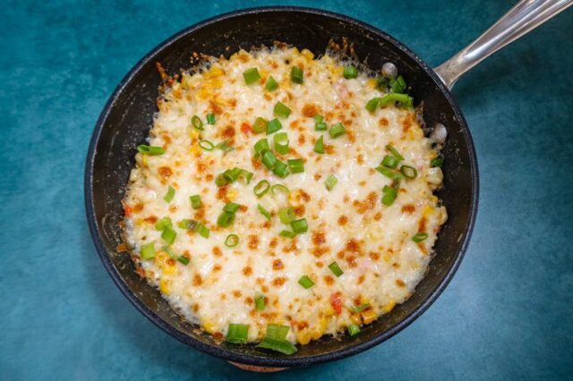 Korean corn cheese with peppers and mozzarella cheese