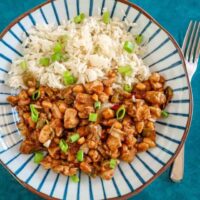 Steamed white rice with chicken stir-fry and green onions.