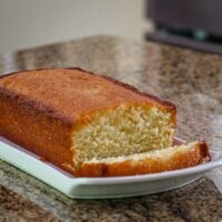 lemon bread sliced on a tray