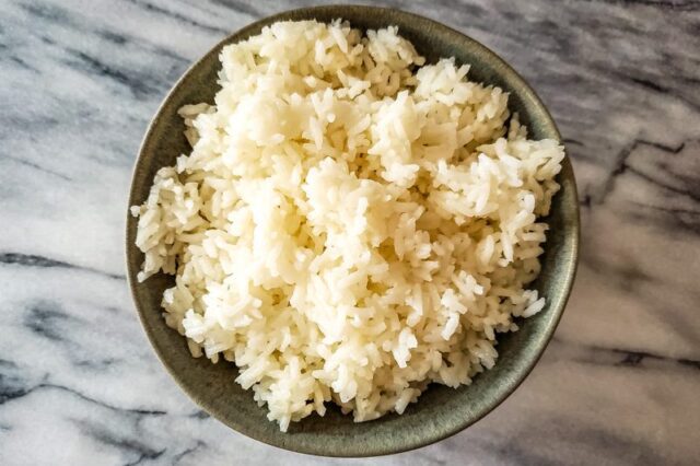 rice fluffed, in a bowl.