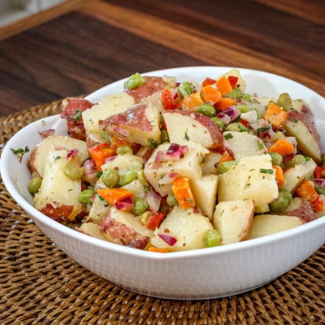 A vegan-friendly potato salad in a bowl.