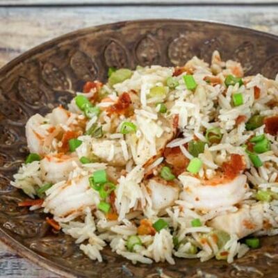 shrimp and rice skillet on a serving plate