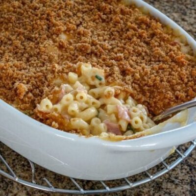 macaroni and cheese with salmon and breadcrumb topping