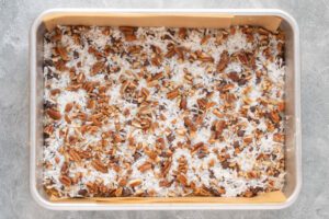 pan of magic cookie bars ready to bake.